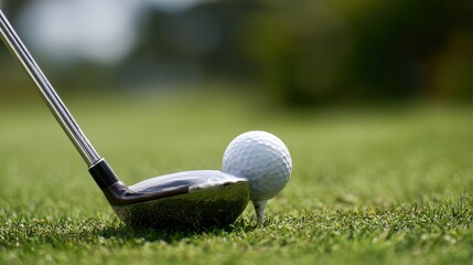 Close-Up of Golf Club Preparing to Strike White Golf Ball on Green Grass Course with Soft Focus Background and Sunny Day Light Conditions