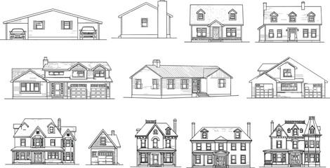 Detailed Residential House Elevation Collection Showcasing Modern, Ranch, Cottage and Victorian Style Home Facades in Monochrome Line Art IllustrationDetailed Residential House 