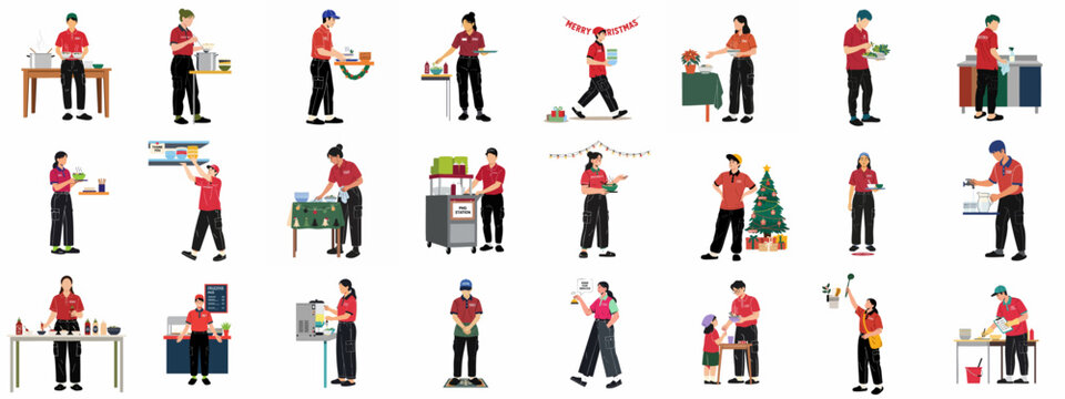 Diverse cafeteria staff illustrations for food service, cooking, serving, cleaning, and holiday preparations.