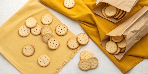 Fototapeta premium A delicious spread of crackers on yellow napkins and paper bags