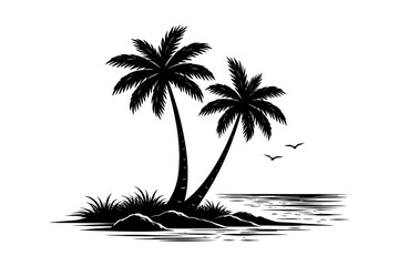 Fototapeta premium Black silhouette of tropical palm trees with birds by seaside.