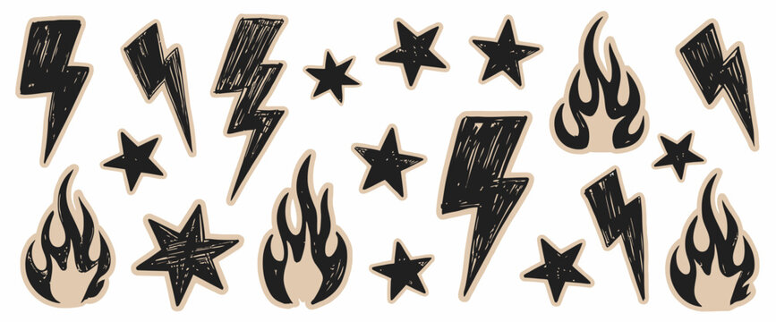 Scrapbook crayon lightning, fire, and star doodles, scribbly texture elements, pastel punk rock style, torn craft paper vector illustration.
