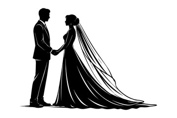 Naklejka premium Silhouette of bride and groom holding hands at wedding.