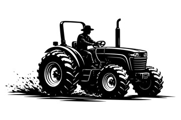 Silhouette of farmer on tractor plowing field.