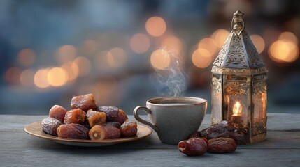 Obraz premium Celebration of Ramadan with an Arabic lantern, warm coffee, dates, and soft light in a pleasant setting for sharing and gathering