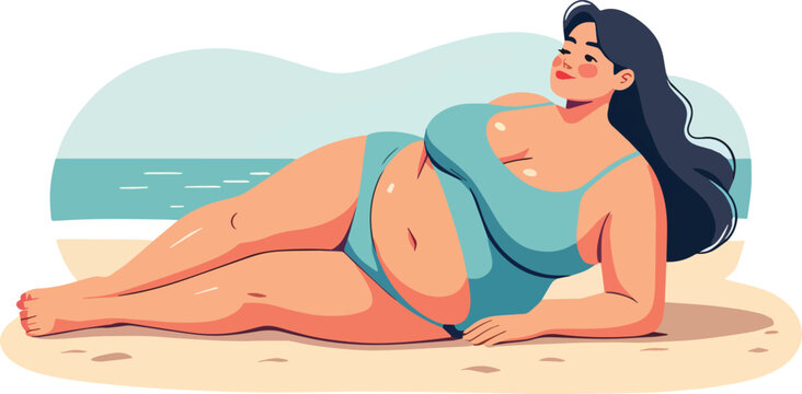 donna sdraiata in spiaggia sulla sabbia a prendere il sole vettoriale 