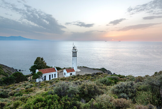 Sarpincik Lighthouse at Sunset in Karaburun Izmir Turkey