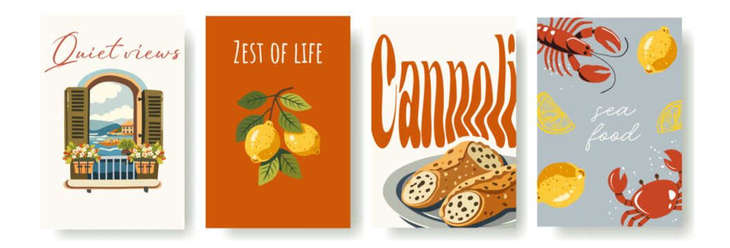 Minimalist retro Italian travel poster set featuring lemons, coastal window views, cannoli and seafood illustrations. Modern Mediterranean wall art collection typography and warm summer 