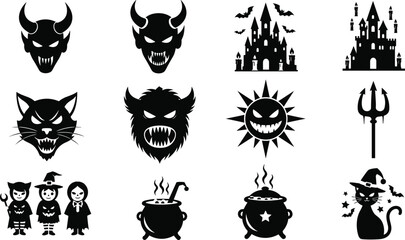 Halloween silhouette icon set with spooky devil faces, haunted castles, black cats, witches, magic boiling cauldrons, monsters, and creepy kids isolated flat vector © MstHazera