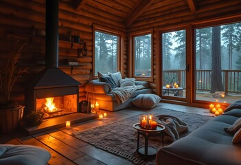 Fototapeta premium Warm fire crackles inside a cozy forest cabin retreat.