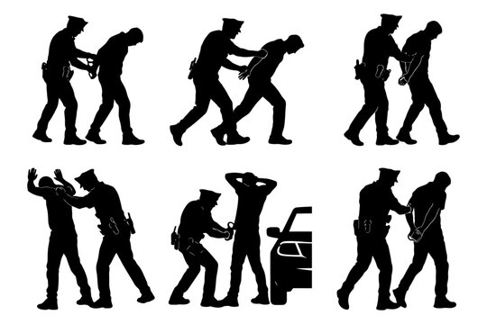 Silhouettes of police officer arresting male suspect in various positions.