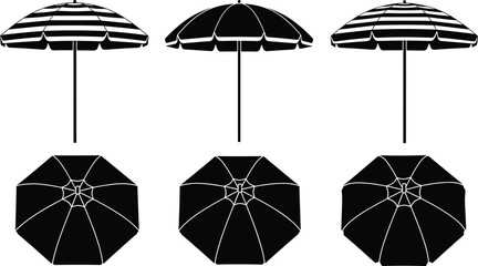 Set of black beach umbrella silhouettes featuring striped and solid designs from front and top view angles isolated on white background flat vector illustration © MstHazera