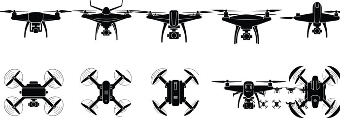 Set of black drone silhouettes featuring various quadcopter models and aerial photography equipment in front and top down views isolated on white background flat vector (25 words) © MstHazera