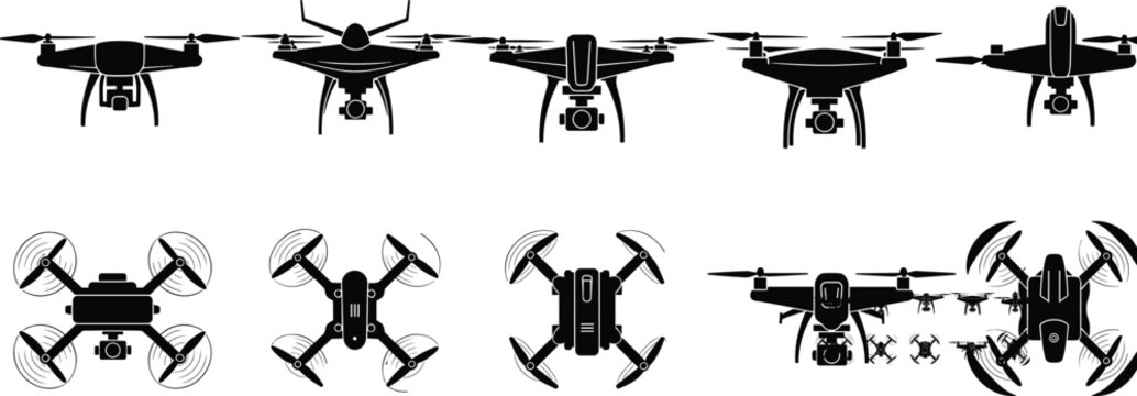 Set of black drone silhouettes featuring various quadcopter models and aerial photography equipment in front and top down views isolated on white background flat vector (25 words)