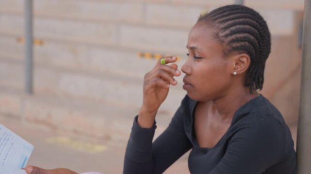 Student carefully studies notes on bench outside. Young scholar concentrates on studying during outdoor break. An attentive student reviews and marks notes outdoors during moment of reflection