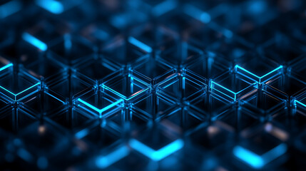Obraz premium Blue glowing 3D grid pattern with neon lights and futuristic design.