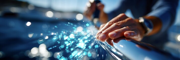 Uniformed yacht crew polishing chrome rail in marine setting