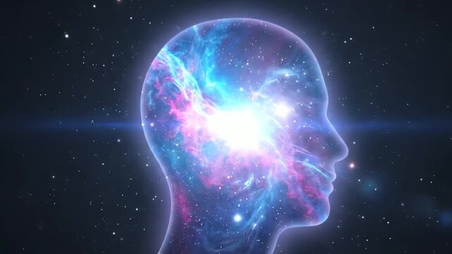 Illustrative depiction of human consciousness within a cosmic nebula, showcasing the mind's connection to the universe.
