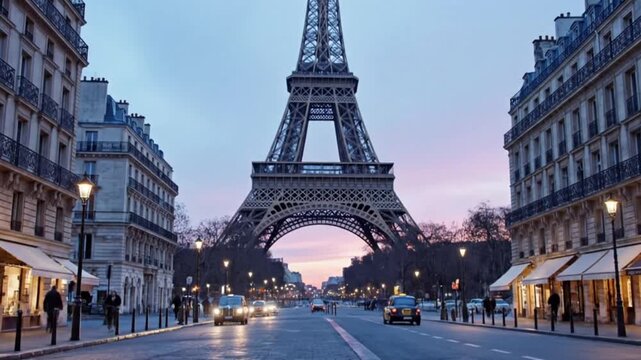 The Eiffel Tower Stands Tall Over a Parisian Street Scene at Dusk with Cars and Buildings