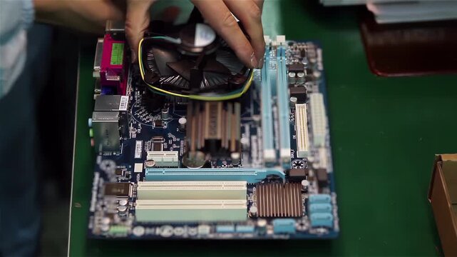 Technician Installing CPU on Desktop Motherboard in Factory, Close Up - 4K