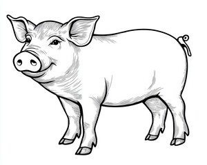 Fototapeta premium Charming Whimsical Pig Illustration with Cute Curling Tail in Black Line Cartoon Style Artwork