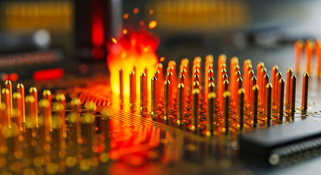 Close-up of golden pins on a circuit board with glowing red and orange light, representing advanced technology and high-speed data processing.
