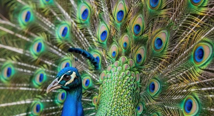 Obraz premium Vibrant Peacock Displaying Colorful Feathers in Nature.