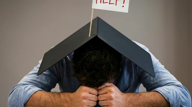 Overwhelmed professional seeks urgent assistance, head covered by a laptop, 'HELP!' flag visible at desk.