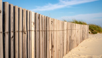 Rustic Wooden Fence on Sandy Beach with Blue Sky Coastal Charm and Serene Ambiance for Seaside Escape and Summer Retreat.