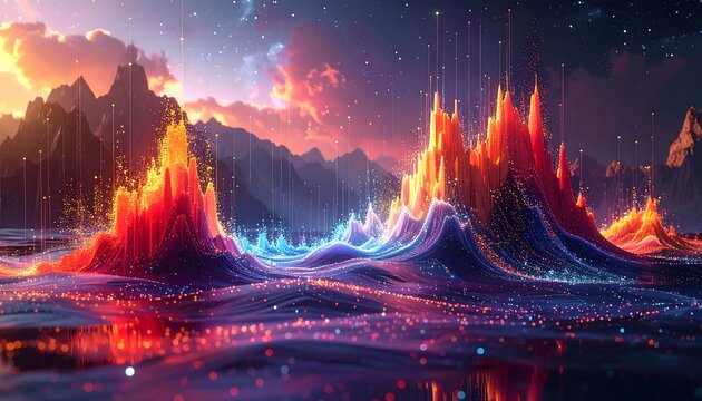 A vibrant, fantastical landscape depicting illuminated mountains and data visualization. Waves ripple beneath a fiery sky