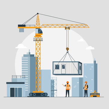 Construction crane lifting modular building unit onto skyscraper construction site with workers