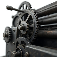 Vintage mechanical gears of printing press in close-up view  