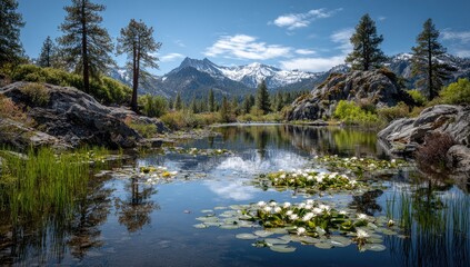 A serene mountain lake reflects the surrounding forest and snowy peaks under a clear blue sky