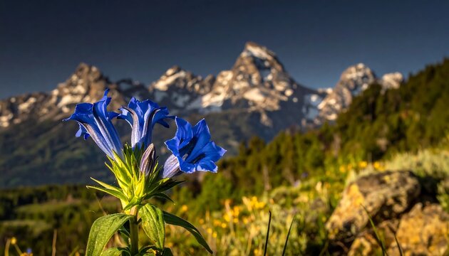 Blue gentian flower blooms brightly in a scenic mountain meadow on a sunny day