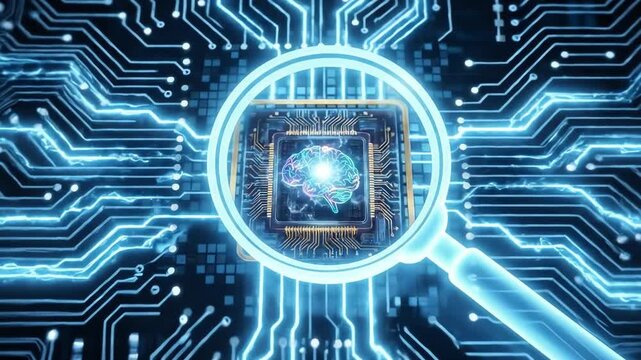 Focused Examination of an AI-Powered Brain Chip on a Glowing Circuit Board, Symbolizing Advanced Digital Research
