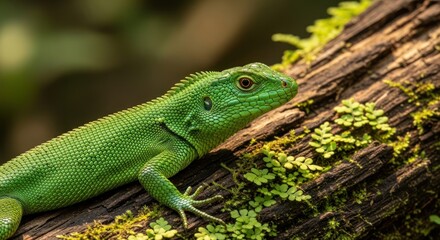Fototapeta premium Green Lizard on Mossy Tree Branch.
