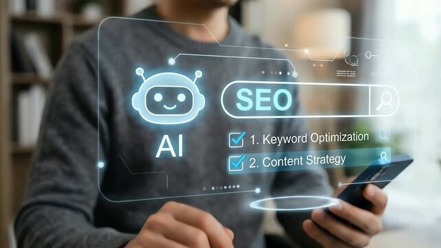 Professional interacting with AI assistant and search engine optimization interface, managing digital content strategy.