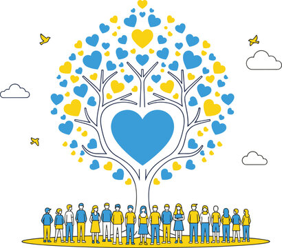 Community heart tree vector illustration unity love people together social support concept isolated design