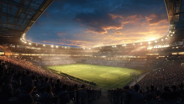 Illuminated Football Stadium at Dusk with Dramatic Sky and Crowd.