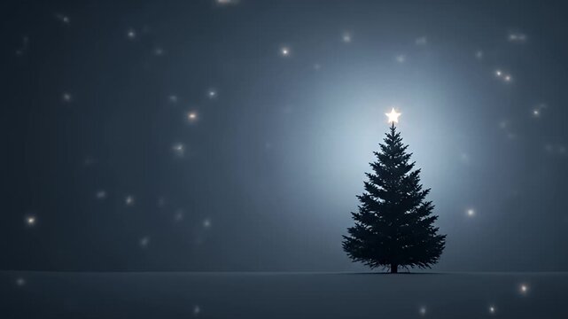 Christmas tree with sparkling star and falling snow.