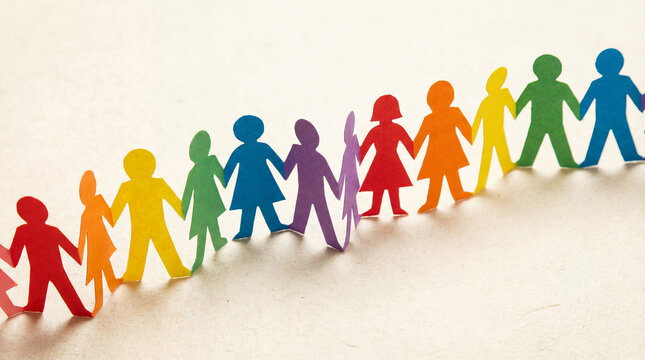 Diverse group of colorful paper people holding hands in unity and diversity concept