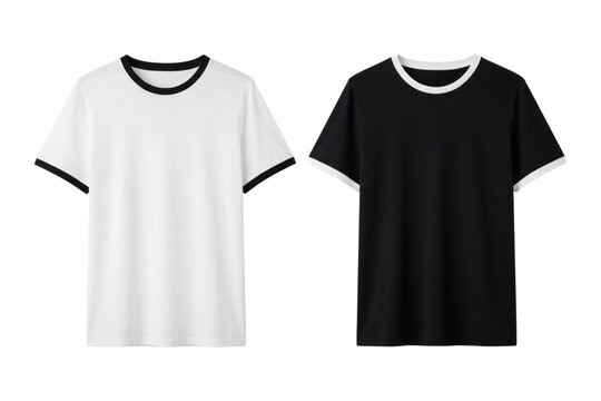 Two simple ringer t shirts one predominantly white with black trim and one entirely black with white trim displayed side by side&nbsp;