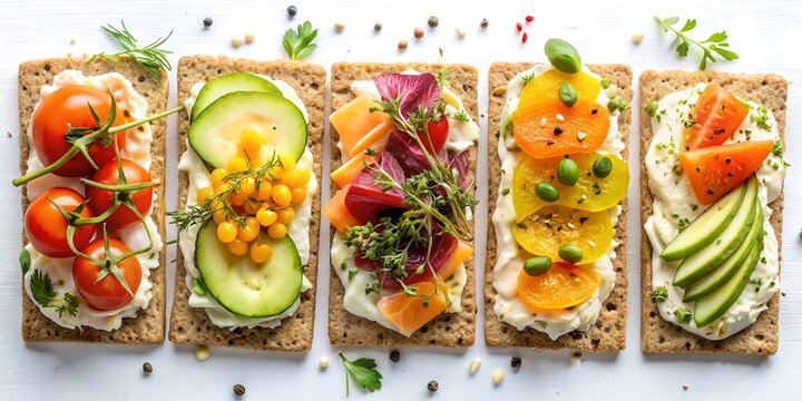 A delicious arrangement of toast with various toppings on a white surface