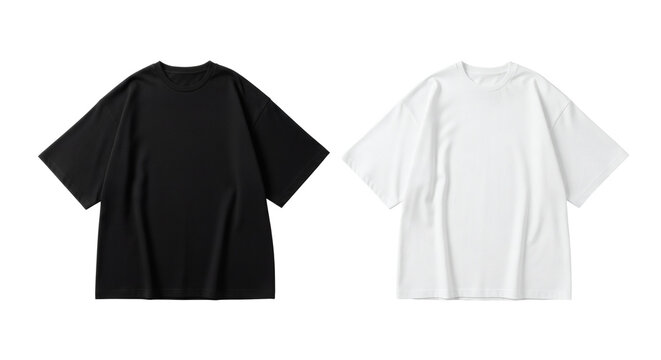 A pair of versatile blank boxy crew neck t-shirts, one crisp white and one classic black, offering perfect mockup potential for fashion designs, apparel branding, and casual wear projects&nbsp;