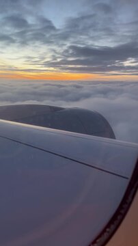 Cinematic Airplane Descent Into Soft White Cloud Bank at Golden Hour. A crisp morning flight transitions from golden sun to a pensive, misty whiteout, capturing the raw, quiet vulnerability of air tra