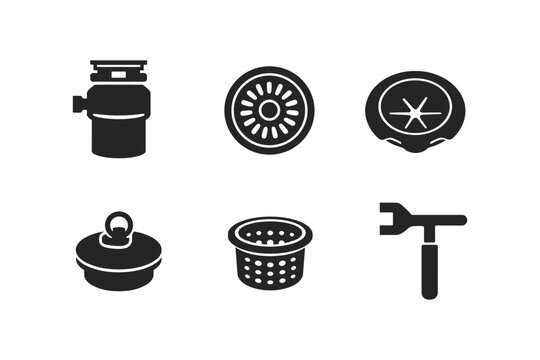 Collection of plumbing and drain icons including a garbage disposal, sink strainer, and wrench