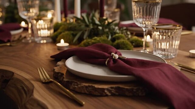 Softly lit festive dining table setup on a rustic wooden slab centerpiece with burgundy napkins