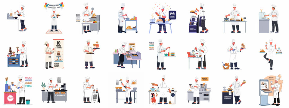 Flat illustrations of professional chefs preparing churros and desserts for commercial events, marketing campaigns, and celebrations, highlighting culinary business and food service.