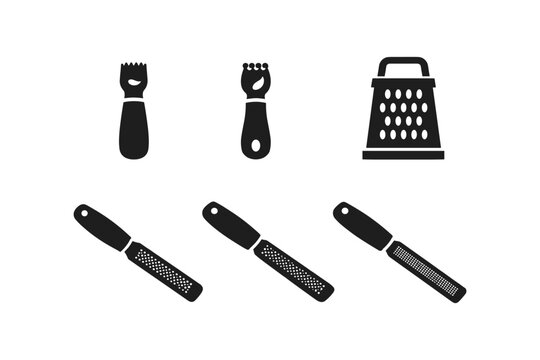 Collection of kitchen graters and zesters in a simple black and white icon set