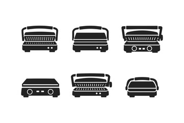Collection of black sandwich maker and grill icons on a white background